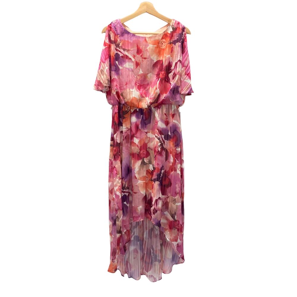 Jessica Howard Shimmer Floral Midi Dress in Pink Flutter Sleeve